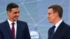 Los candidatos a la presidencia de España Pedro Sánchez (I) actual presidente por el PSOE y Alberto Núñez Feijóo (D) dpor el PP, conversan antes del debate electoral en Atres TV