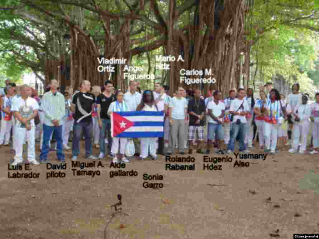 En el parque Gandhi de Miramar, las Damas de Blanco se reunieron con varios de los excarcelados.  Foto Angel Moya.
