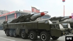 Misil Musudan durante un desfile militar en Corea del Norte.