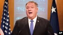Mike Pompeo, Secretario de Estado de EEUU, durante una conferencia de prensa este martes en el Departamento de Estado.