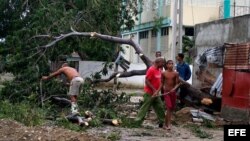 Varias personas trabajan talando árboles derribados por el paso del huracán Sandy por el poblado de Caimanera, en la provincia de Guantánamo (Cuba).