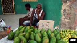 Un trabajador por cuenta propia vende aguacates y limones en una calle de La Habana (Cuba).