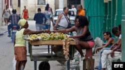 Una vendedora ambulante de productos agropecuarios en una calle de La Habana.