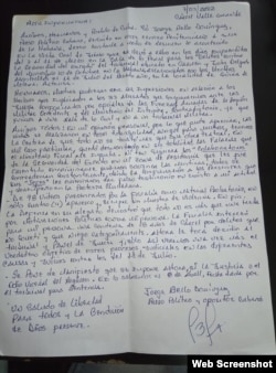 Carta del preso político del 11J Jorge Bello Domínguez, escrita en la prisión de Valle Grande